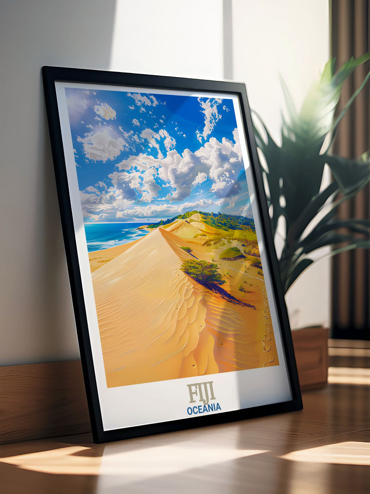 Sigatoka Sand Dunes National Park travel poster showcasing Fijis majestic sand dunes and serene coastal scenery perfect for adding a touch of natural beauty to any space. This Fiji print brings the essence of Sigatoka Sand Dunes National Park to your walls.