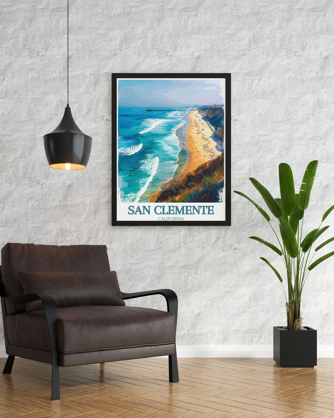 Detailed San Clemente Map Print with San Clemente train rail San Clemente pier. Perfect for those who appreciate modern art and colorful decor this print enhances any living space and makes a great gift.