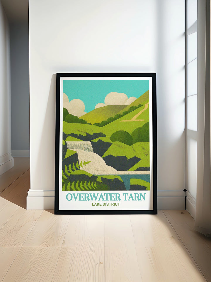 Dash Falls travel print celebrating the natural splendor of the Lake District. This artwork features the dynamic waterfall and diverse wildlife of Dash Falls, creating a captivating piece for your home decor. A thoughtful gift for friends and family.