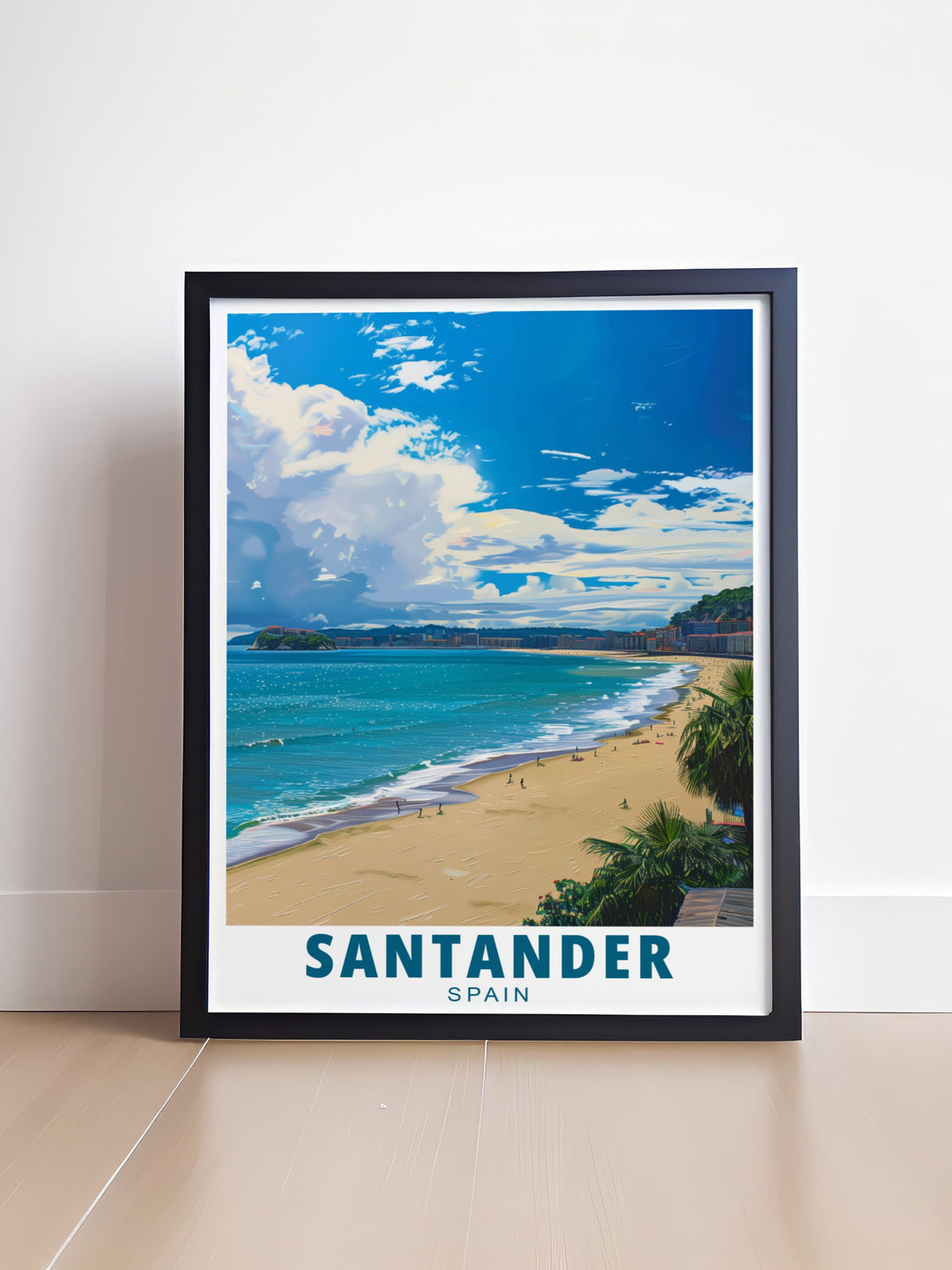 Spain travel print featuring Playa del Sardinero brings the peaceful beauty of Santanders famous beach into your home offering a perfect way to add a touch of Spanish culture and coastal serenity to your living room decor with this stunning piece of wall art.