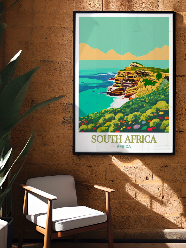 Cape of Good Hope travel poster featuring the scenic beauty of the rugged cliffs meeting the ocean. This print captures the essence of this historic landmark, perfect for nature lovers and adventure enthusiasts. A timeless piece for home decor celebrating South Africa.