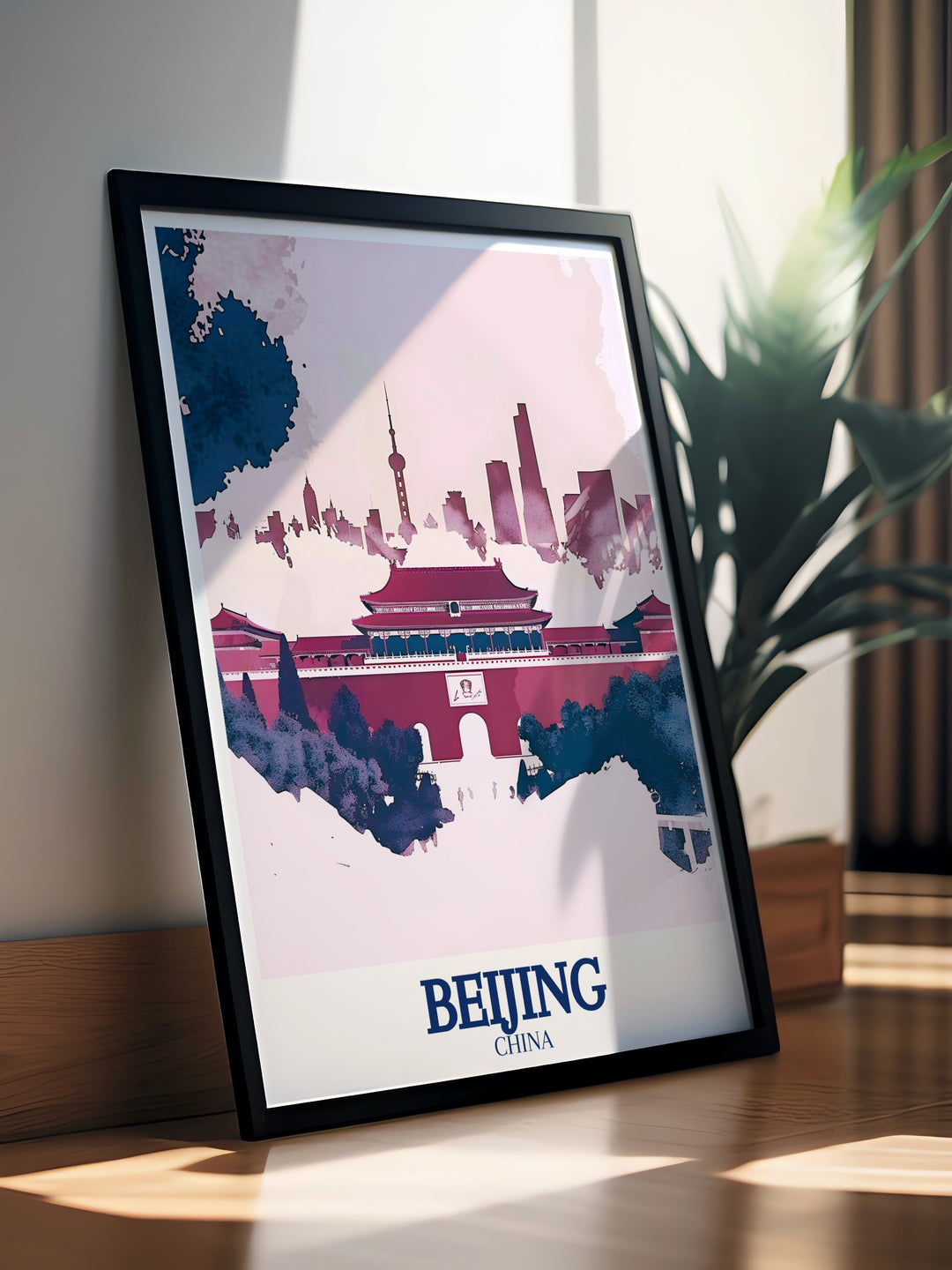 Beijing Skyline Wall Art depicting the vibrant and evolving landscape of Chinas capital city. The artwork emphasizes the contrast between Beijings ancient traditions and modern innovations, perfect for adding a sense of dynamism to your living space