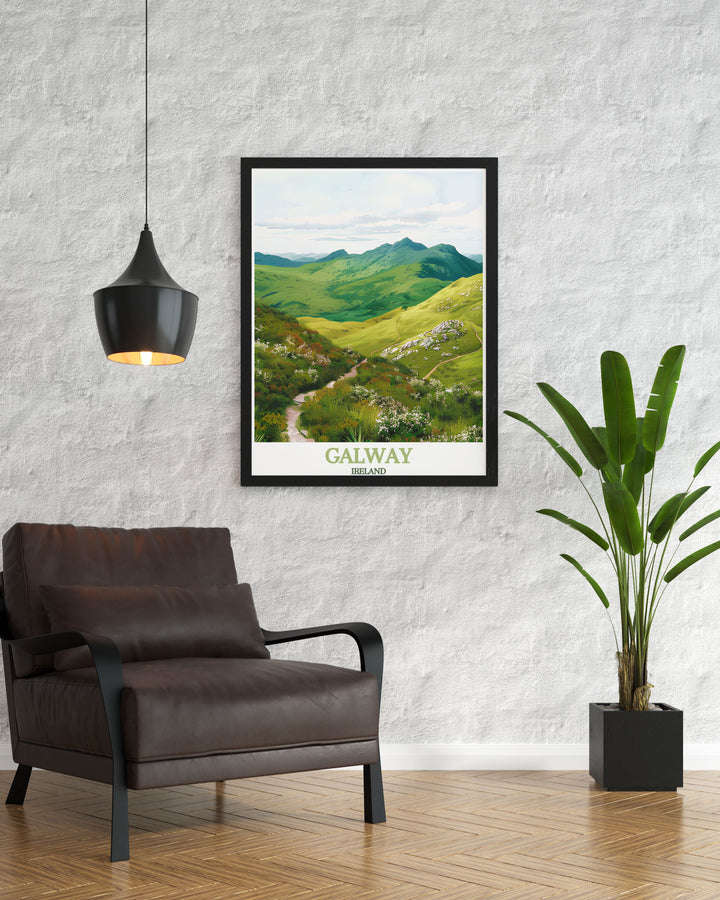 Celebrate the charm of Ireland with this Galway Travel Print, featuring the citys vibrant streets and the breathtaking landscape of Diamond Hill. This matted art piece brings the best of Irish culture and scenery into your home, making it a perfect gift for any occasion.