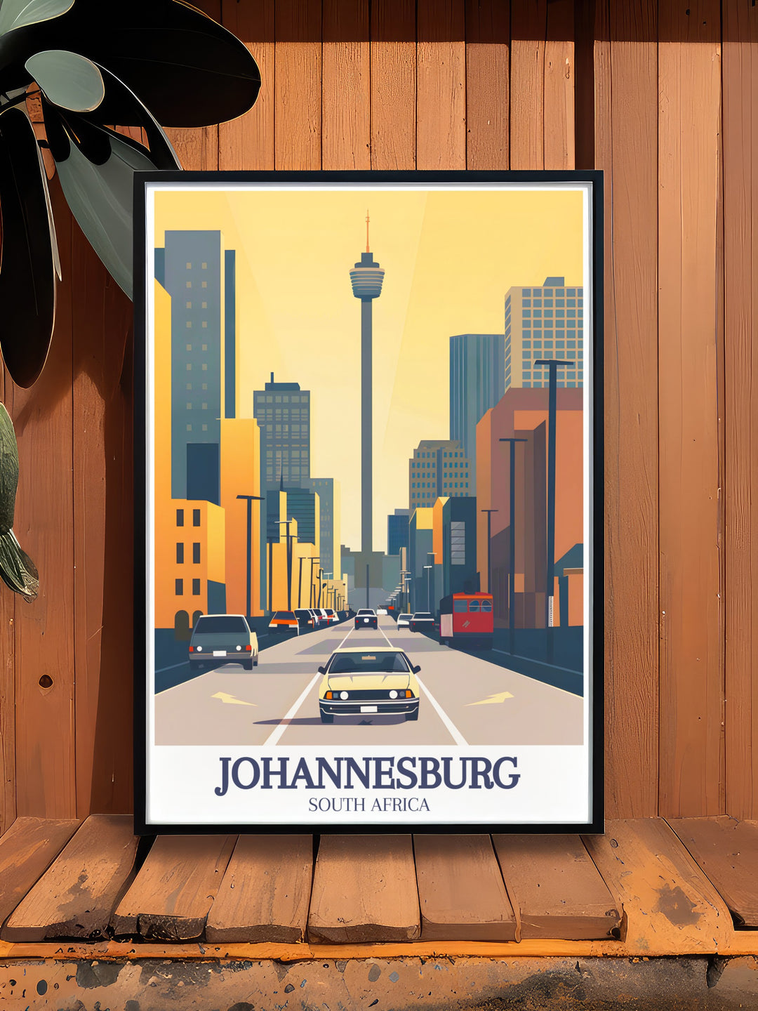 A vintage style Johannesburg poster print highlighting the Hillbrow Tower and Carlton Centre, capturing the citys unique charm. This art print is ideal for anyone who loves travel, architecture, and South African landmarks.