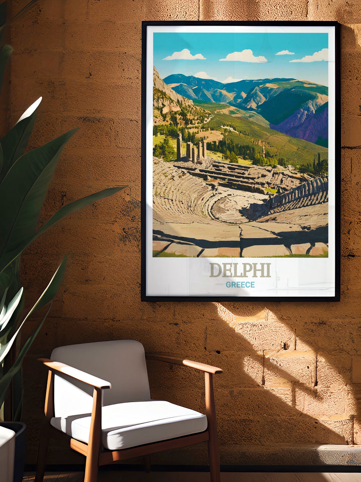 Delphi Greece art print capturing the timeless beauty of the Theatre of Delphi, where the arts were celebrated in the heart of the ancient world. This travel poster brings the grandeur of ancient Greece into your home decor, offering a glimpse into the world of classical antiquity.