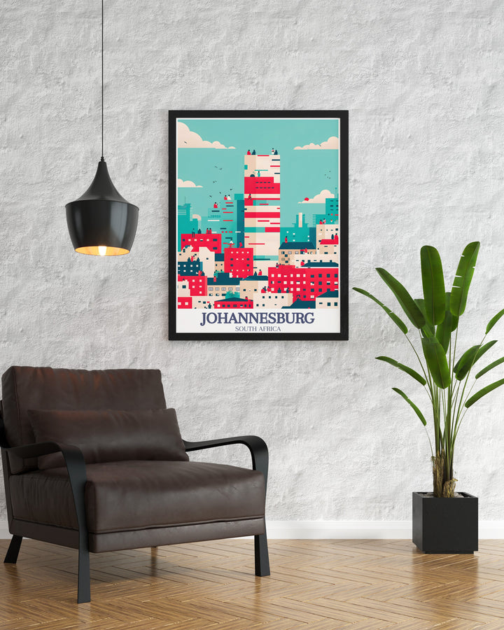 Johannesburg travel print focusing on the iconic Ponte City Apartments and Maboneng Precinct. This art print offers a unique view of the citys skyline, blending urban design with cultural creativity. A great choice for those seeking modern décor or unique gifts.