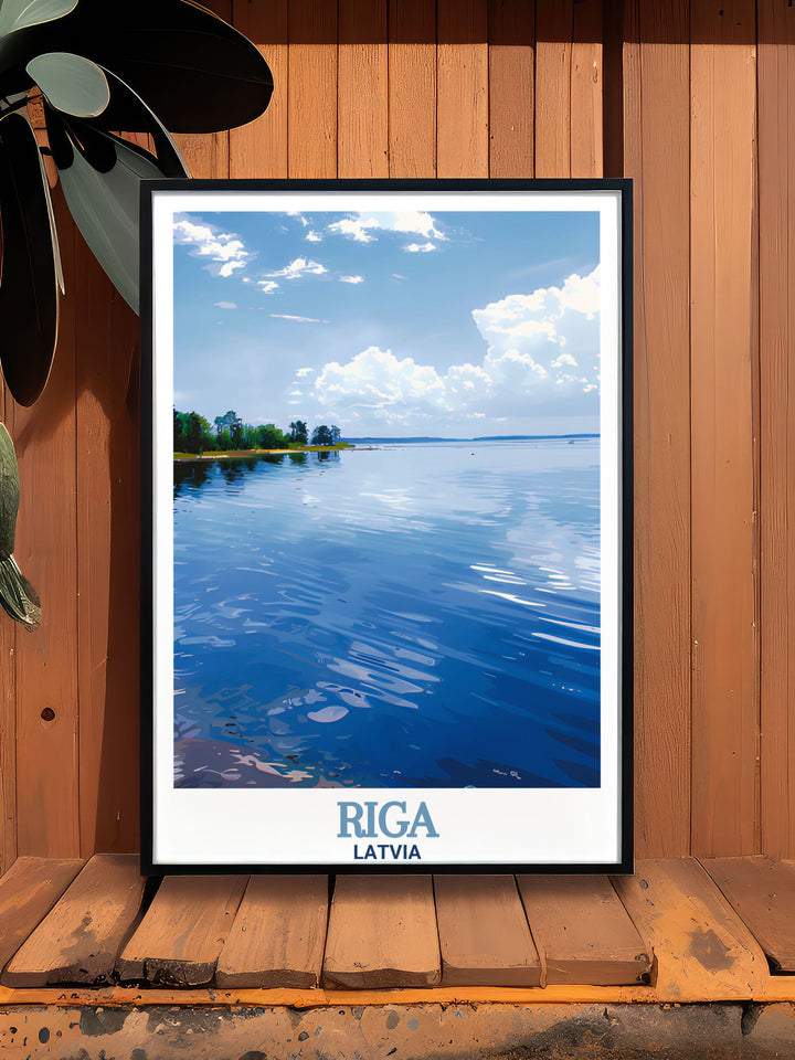 Bring the beauty of Latvias Lake Ķīšezers into your space with this travel poster print. The artwork captures the calm waters and surrounding nature, offering a peaceful and inspiring view of Rigas landscapes.