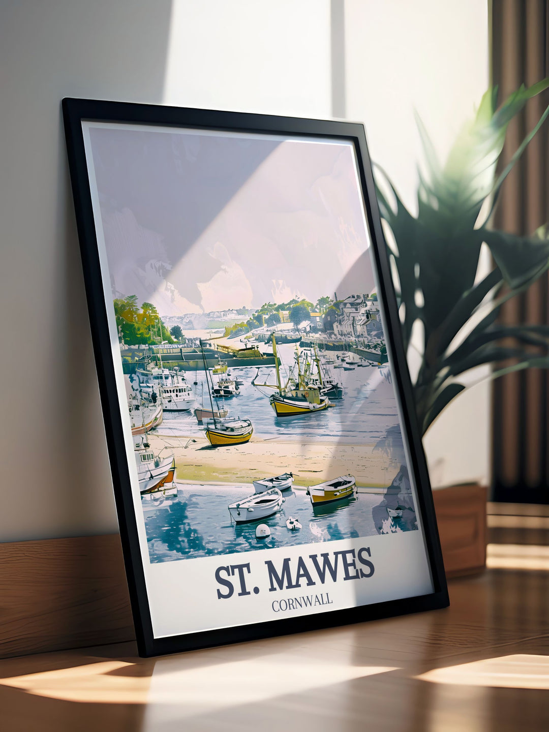 Elegant Cornwall poster of St. Mawes Harbour and St. Mawes Beach this stunning print adds a touch of coastal charm to any space a beautiful Cornwall gift for friends and family who appreciate the peaceful beauty of Cornwalls coastline