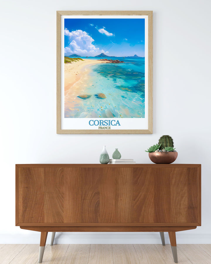 Stunning Lavezzi Islands travel poster showcasing the pristine beaches and crystal clear waters of Corsica France ideal for art collectors and those who love fine art prints perfect for adding elegance to your living room decor