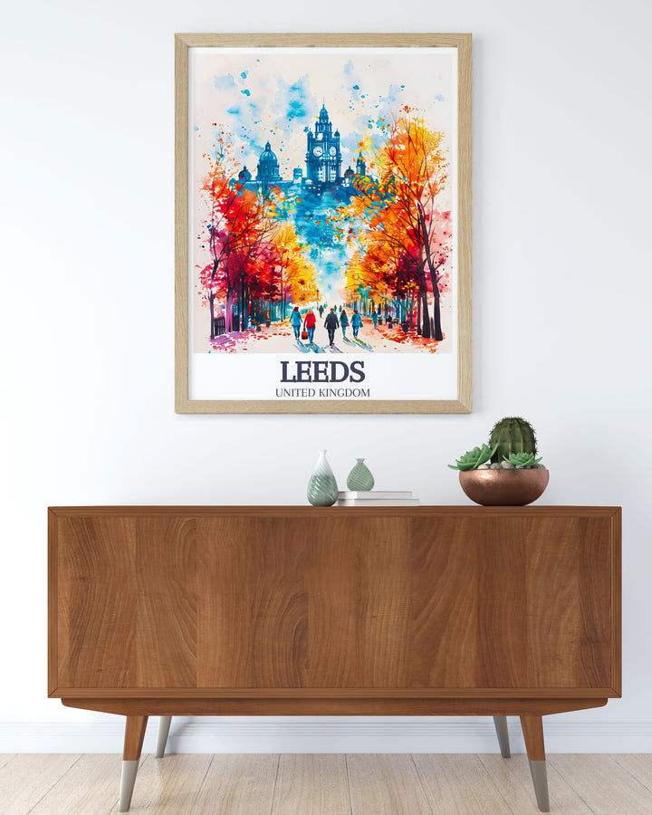Beautiful Leeds townhall and Leeds townhall clock travel poster showcasing the iconic landmark in Leeds. Ideal for those who love England art and want to bring a piece of Leeds history into their home decor with this captivating Leeds townhall artwork.