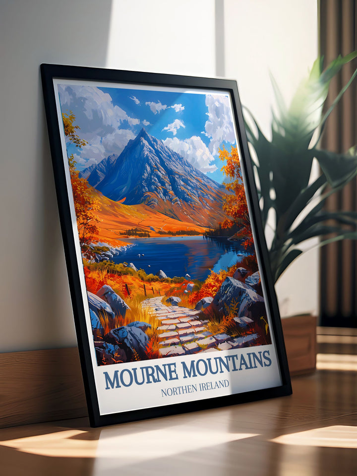 Showcasing the natural splendor and cultural richness of the Mourne Mountains, this poster captures its scenic charm and village beauty, perfect for enhancing your home decor with elegance.