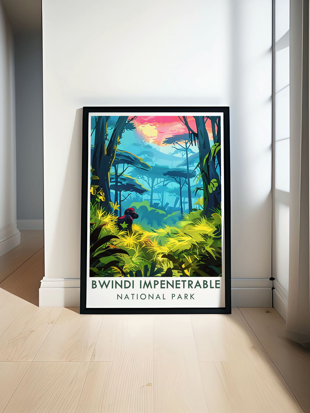 The majestic mountain gorillas and the rich biodiversity of Bwindi are highlighted in this art print, offering a perfect blend of natural beauty and wildlife charm for your home.