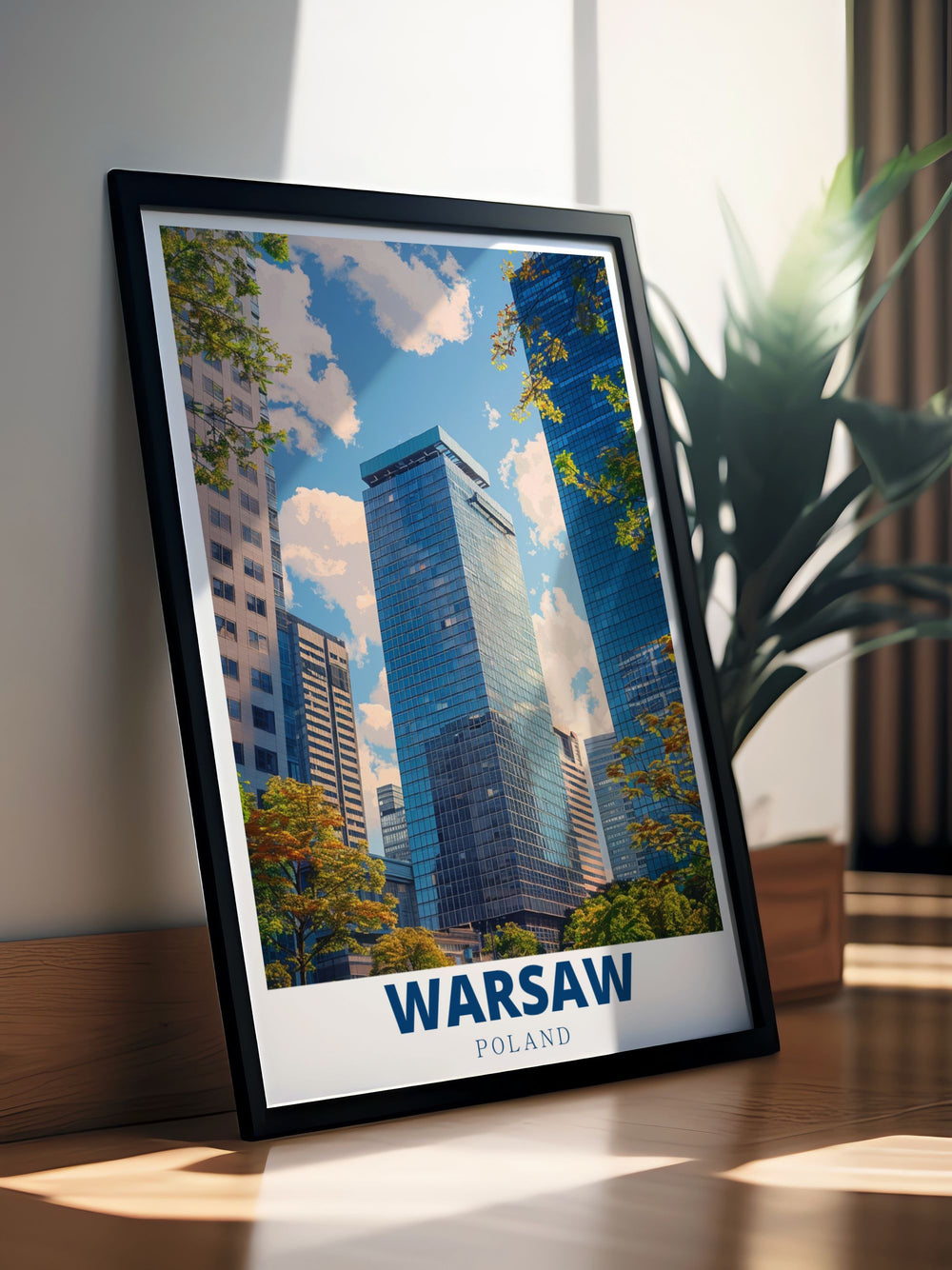 A striking Warsaw Travel Poster featuring the Warsaw Financial Center offers a timeless piece of art that showcases Polish architecture. This stunning living room decor print is perfect for anyone who loves modern cityscapes and rich cultural history.