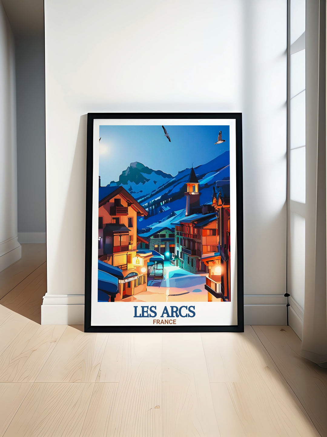 The "Les Arcs Wall Art" captures the essence of winter sports in the French Alps, featuring the exciting Les Arcs 1950 Village. This framed art is perfect for snowboarding enthusiasts, bringing the thrill of the mountains into any room with its dynamic design.