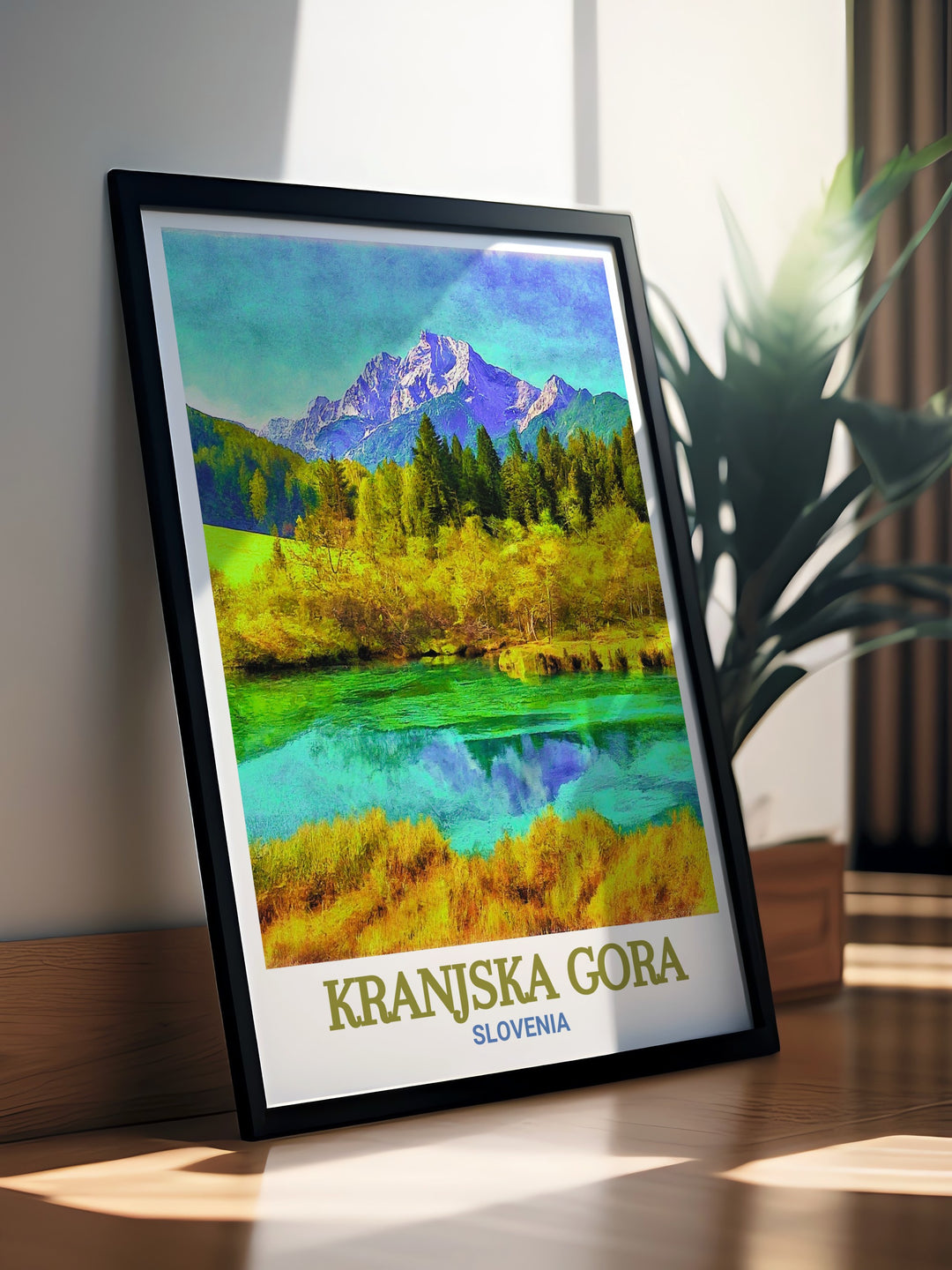 Scenic Zelenci Nature Reserve poster from Kranjska Gora, highlighting the captivating blend of serene ponds and vibrant greenery. This exquisite artwork brings the peaceful beauty of Zelenci into your living space, ideal for nature lovers and adventurers.