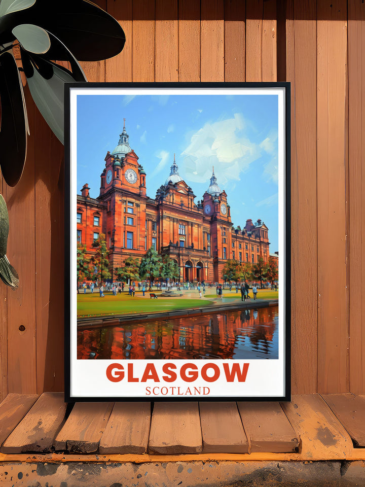 Modern Kelvingrove Art Gallery and Museum print featuring the timeless beauty of this architectural masterpiece. A perfect addition to your home decor that brings a piece of Glasgow Scotland into your space.