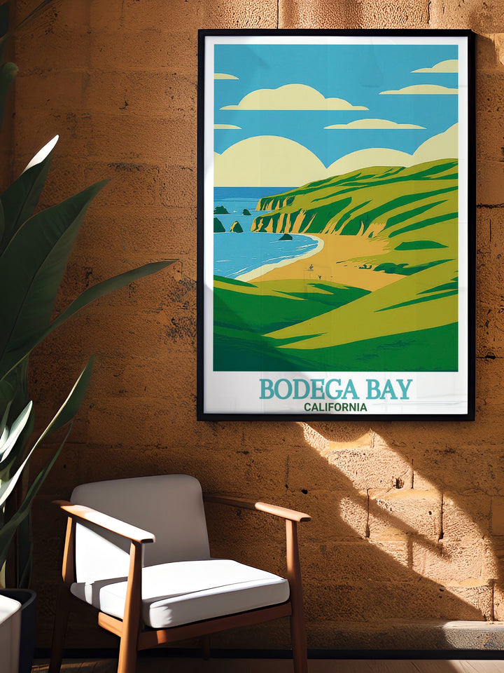 Bodega Bay photo art featuring a stunning image of the rugged coastline and serene ocean at Doran Regional Park. Ideal for creating a coastal vibe in your living space and showcasing the beauty of California travel destinations.