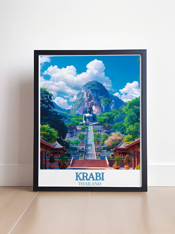 Discover the enchanting allure of Krabi Island and Tiger Cave Temple with this vibrant wall art print showcasing pristine beaches and sacred temples ideal for adding a touch of exotic elegance to your home decor or as a unique travel gift.