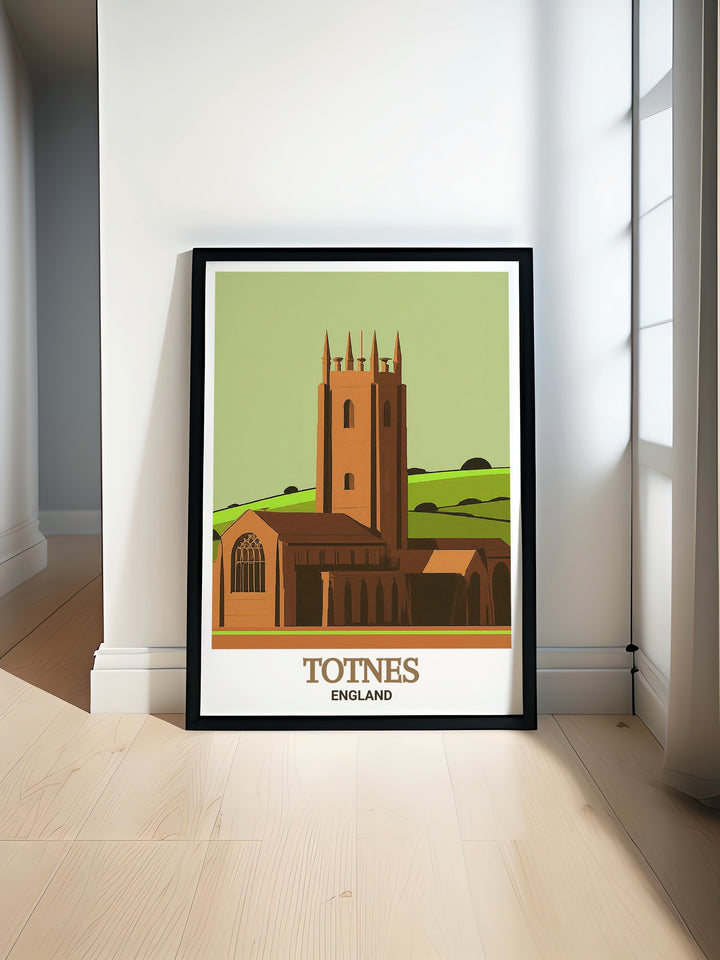 Totnes travel art featuring St. Marys Church, capturing the essence of this historic town and its iconic landmark. This print is a beautiful addition to any art collection, perfect for those who appreciate the beauty of Englands heritage.