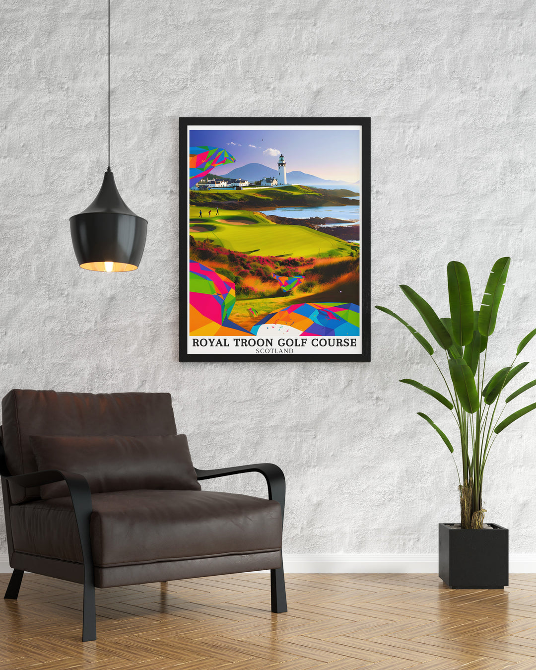 This golf artwork of Royal Troon along the Ayrshire coastline and Isle of Arran showcases a beautiful Scottish landscape ideal for golf enthusiasts and anyone who loves the open golf tournaments of Royal Dornoch and Augusta National