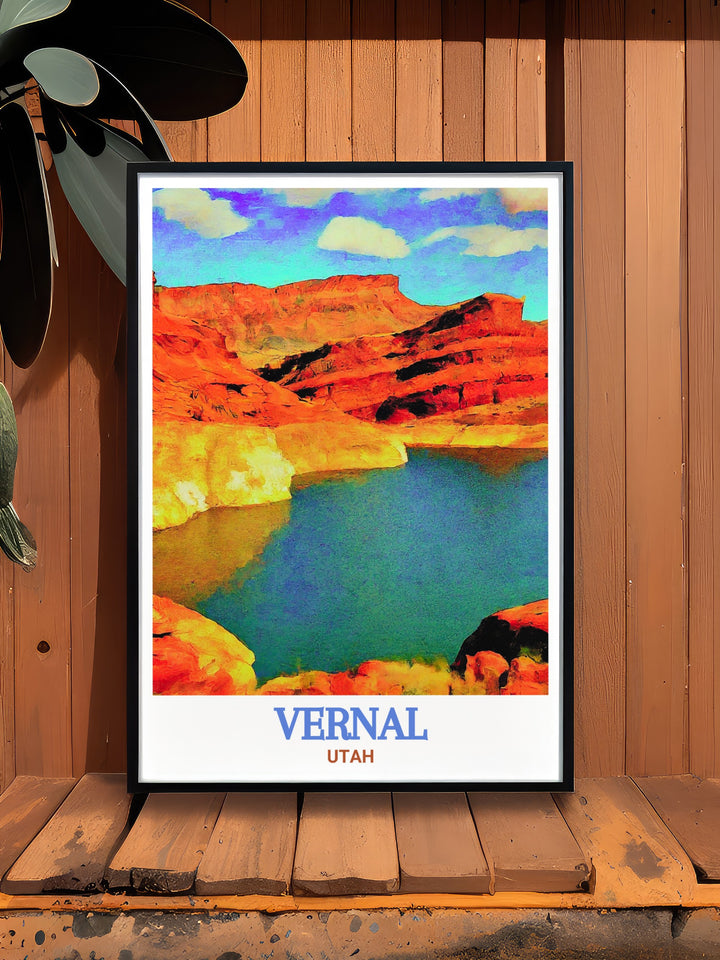 Red Fleet State Park Framed Art displaying the iconic red rock formations and tranquil waters. This Utah vintage poster is a striking representation of the parks natural beauty, making it an ideal choice for enhancing your home decor. Perfect for gifting or personal collection.