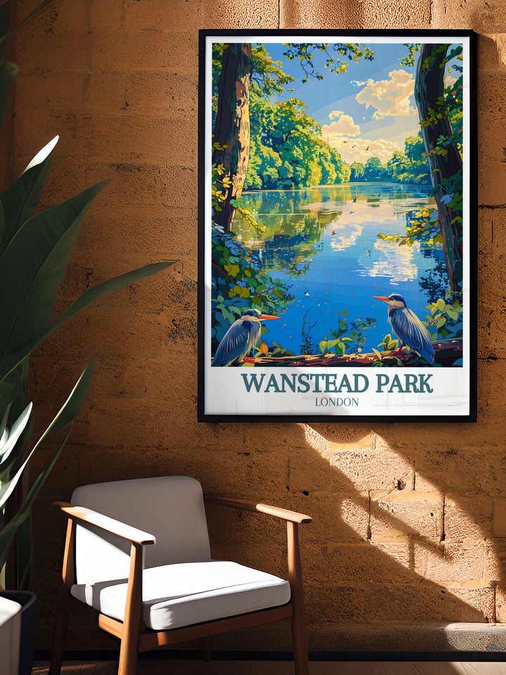 Detailed Wanstead Park travel poster highlighting the parks serene water features and lush greenery. Perfect for those who appreciate London travel prints and want to bring a touch of nature into their homes.