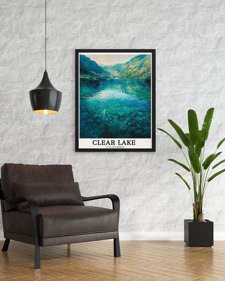 A serene depiction of Clear Lake, this art print showcases the peaceful waters nestled amidst the rugged Coast Ranges. Ideal for those who love nature and want to capture the spirit of Californias beautiful landscapes in their living space.