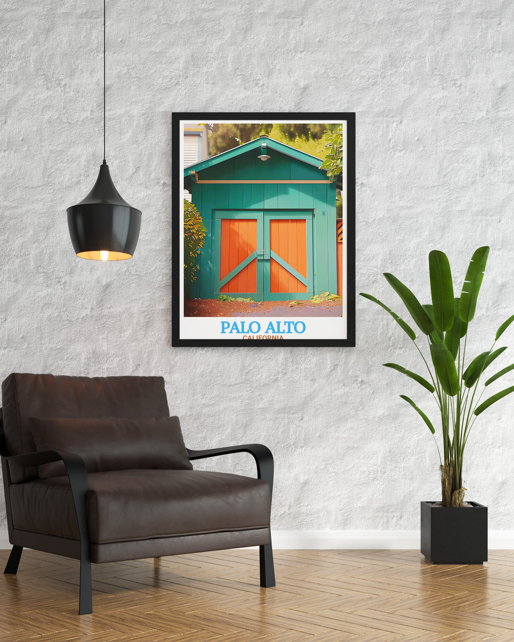 Digital download of Palo Alto skyline including the Hewlett Packard Garage. Ideal for those who appreciate Palo Altos tech heritage, this poster offers a detailed cityscape with the historic Hewlett Packard Garage in a modern art style.
