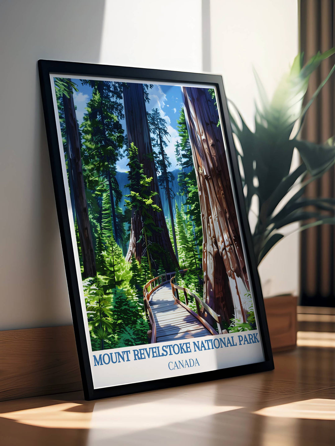 Experience the beauty of the Giant Cedars Boardwalk Trail with this retro travel poster print. Featuring Mount Revelstoke and Banff National Park, this Canadian wall art brings the essence of the Rocky Mountains into your home.