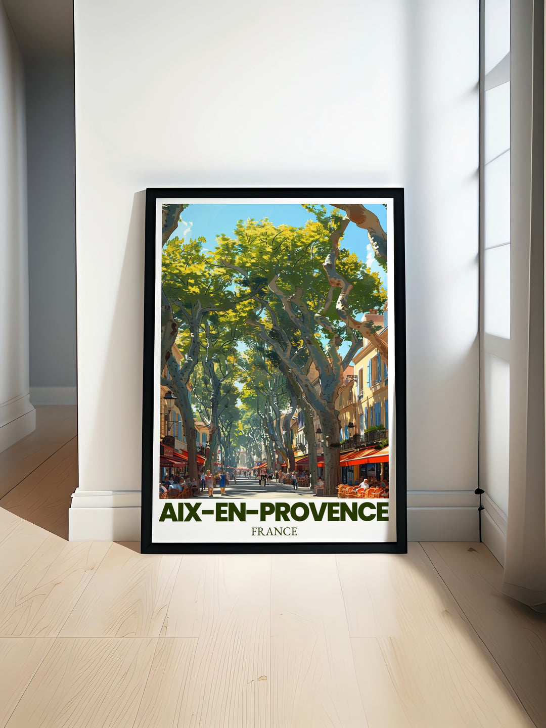 Transport yourself to Provence with this vibrant travel poster featuring Aix en Provences Cours Mirabeau. The soft colors and classical design of this artwork make it an ideal addition to any home decor, perfect for lovers of French art and architecture.