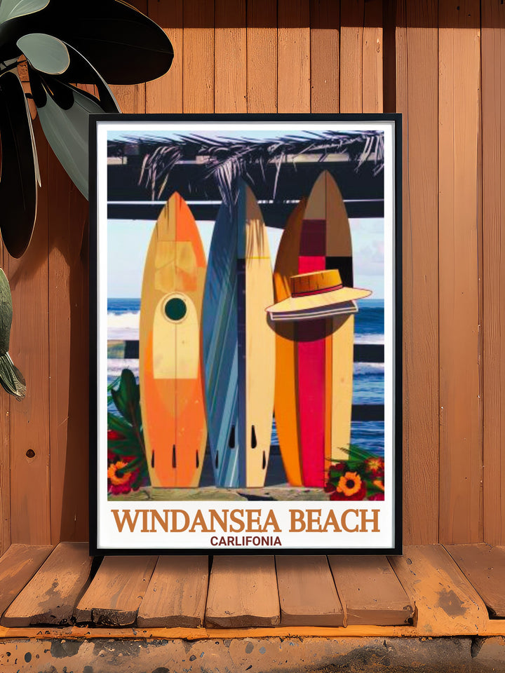 La Jolla vintage poster featuring the Windansea Beach Shack and beautiful rock formations great for modern home decor. This travel poster print is a perfect personalized gift for beach lovers and those who cherish Californias coastline.