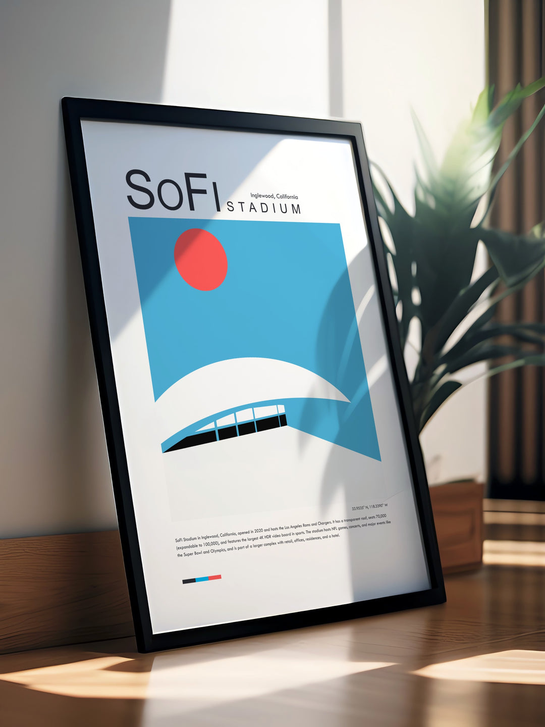 This stunning poster of SoFi Stadium Los Angeles captures the grandeur and excitement of the iconic stadium making it a striking addition to any football lovers decor in a modern or mid century modern style