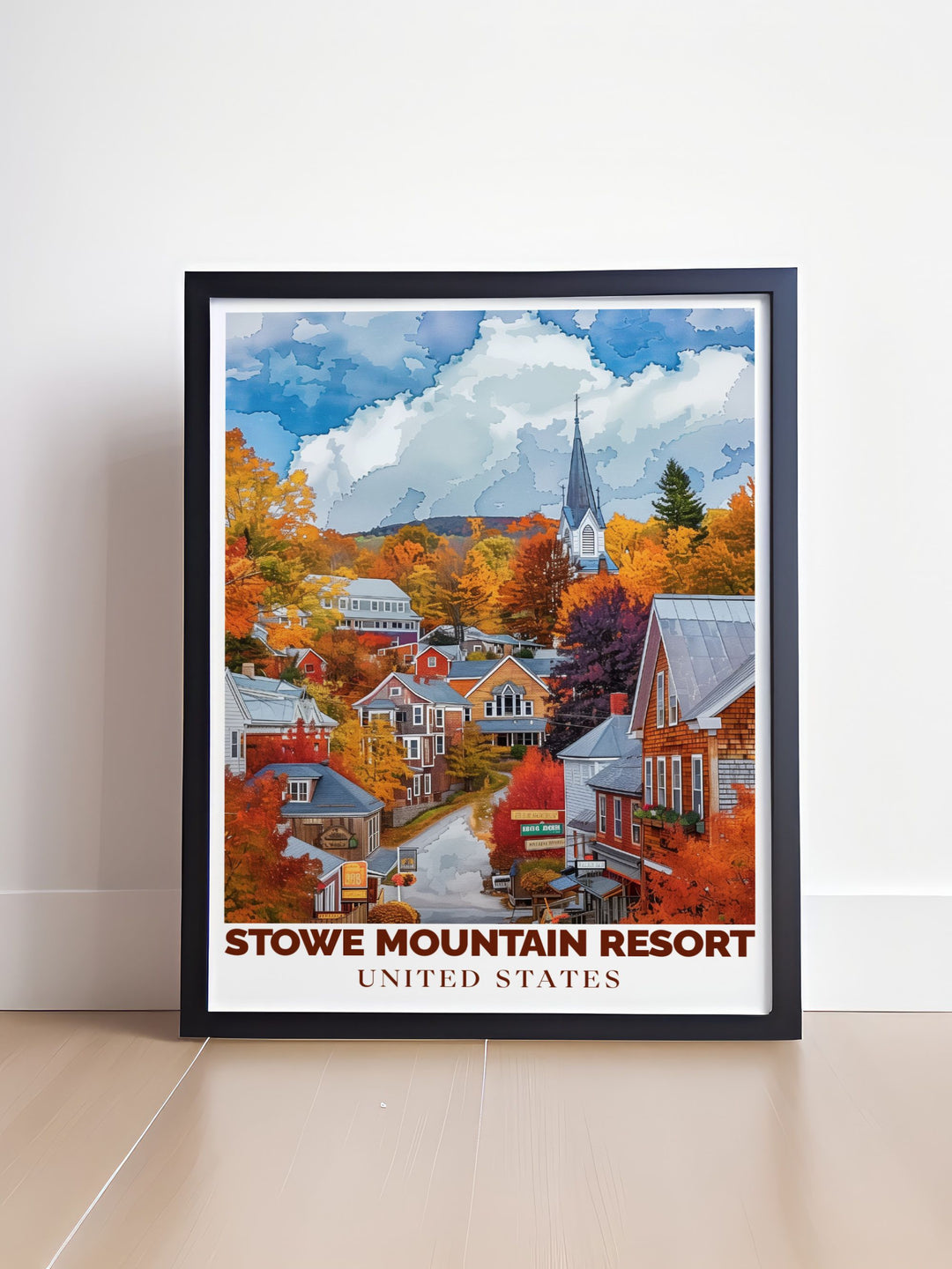 Elegant Stowe Mountain Town print featuring Stowe Mountain and Mount Mansfield a timeless piece of art that brings the stunning landscapes of Stowe Ski Resort into your home