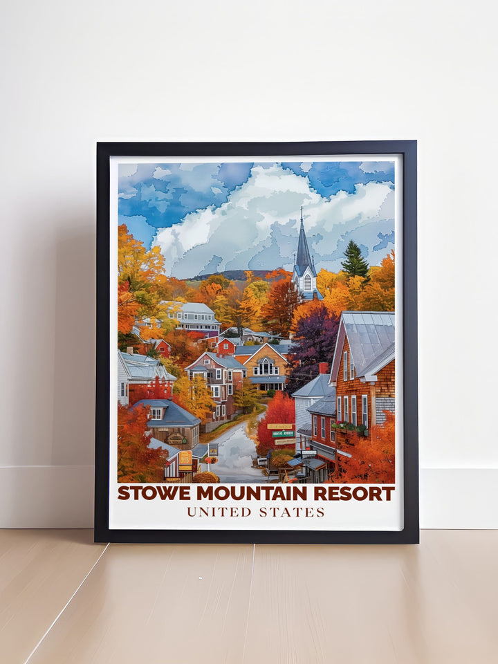 Elegant Stowe Mountain Town print featuring Stowe Mountain and Mount Mansfield a timeless piece of art that brings the stunning landscapes of Stowe Ski Resort into your home