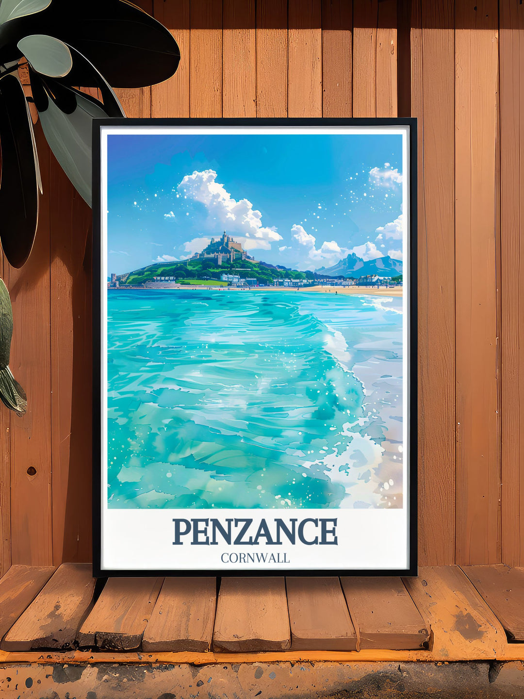 Elegant Porthleven Print showcasing the South Cornish Coast and the majestic Mount Bay St Michaels Mount perfect for those who appreciate modern decor and wish to bring a touch of Cornish elegance to their living spaces