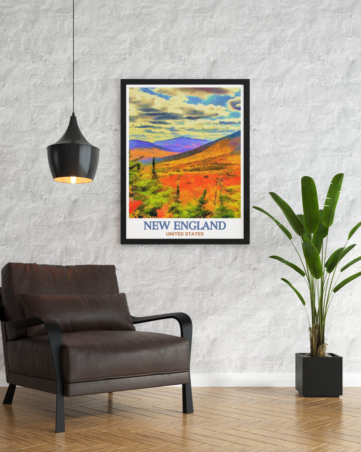 White Mountains framed print featuring stunning views from this iconic hiking destination along with the New England Trail. Perfect for home decor and thru hikers this National Park poster adds elegance to any living room or office space.