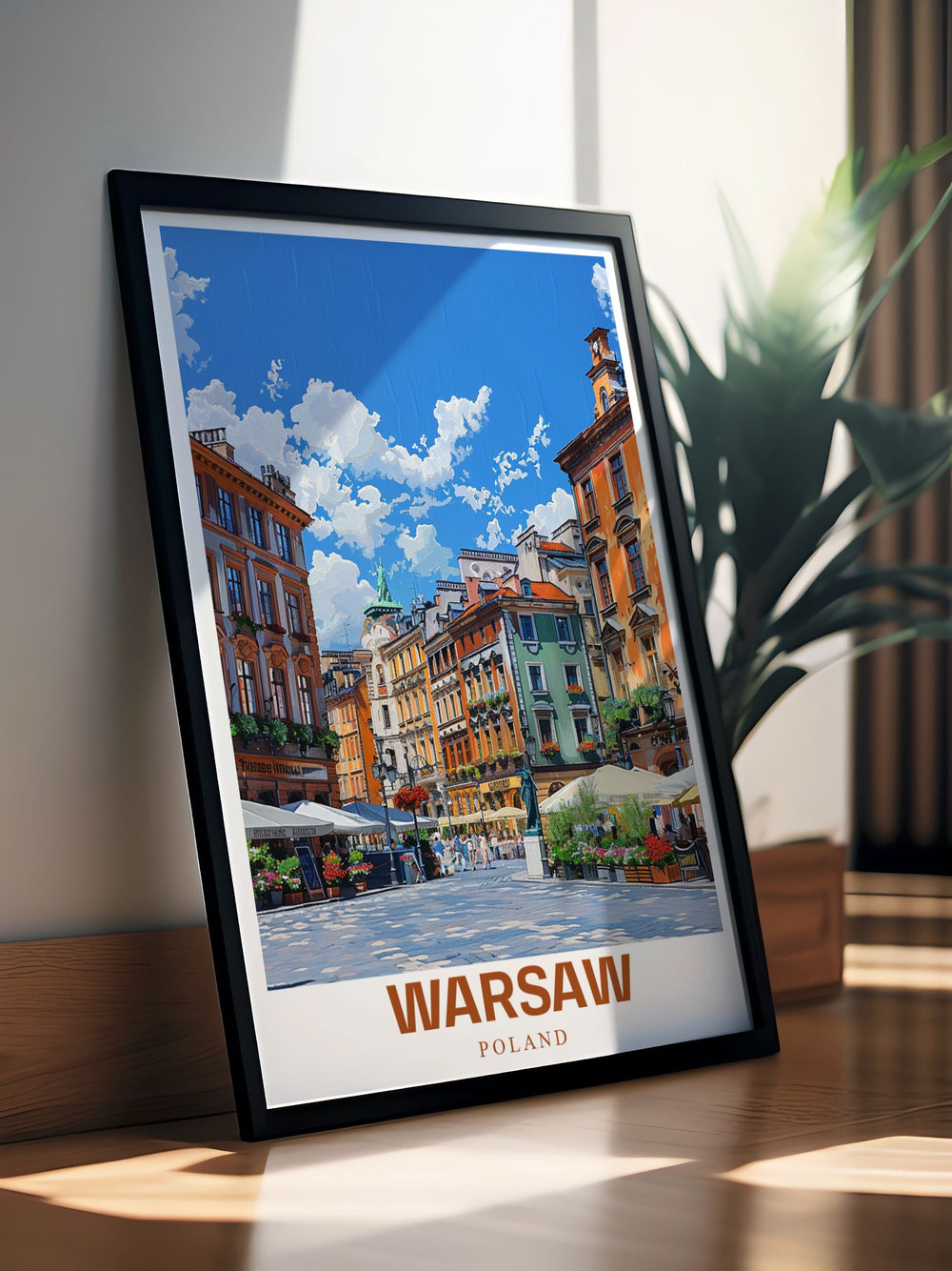 Old Town Market Square wall art that features the colorful architecture and historic charm of Warsaw perfect for those looking to celebrate Polish culture through modern prints and elegant home decor pieces that transform any space into a work of art.