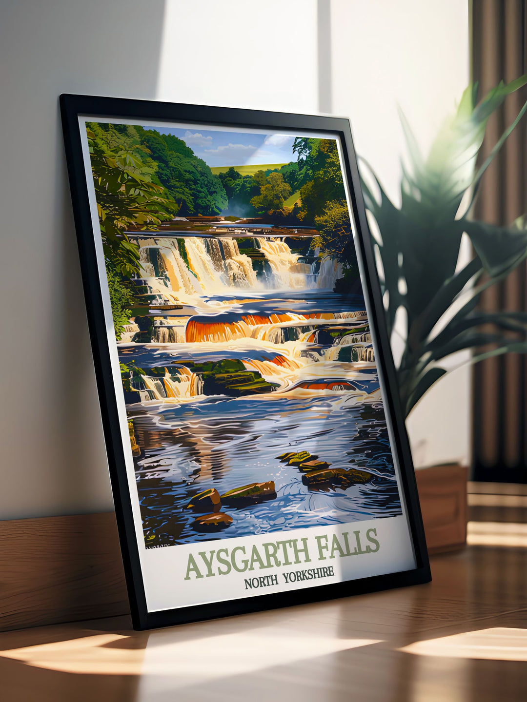 Aysgarth Falls framed print offering a glimpse into the picturesque North Yorkshire region a beautiful addition to any art collection bringing the tranquil beauty of the Yorkshire Dales National Park into your home with classic vintage charm.