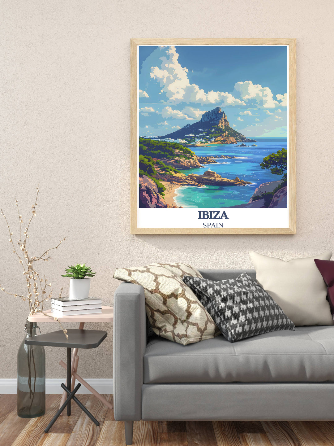 Ocean Beach Club artwork combined with the enchanting Es Vedra Digital print creating a unique wall art piece that celebrates both the lively dance music art of Ibiza and the serene beauty of Es Vedra