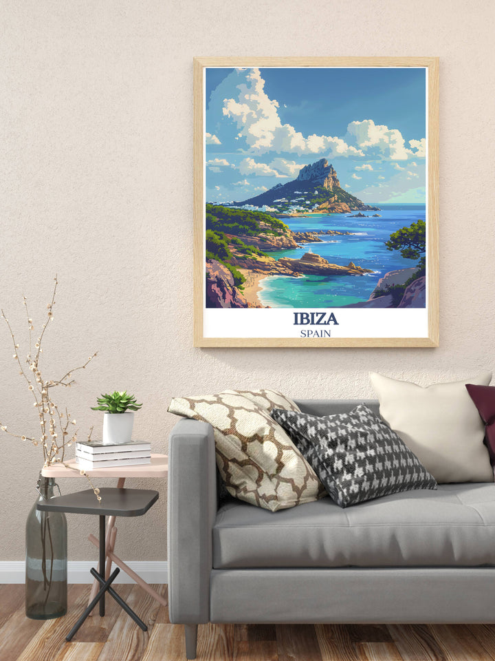Ocean Beach Club artwork combined with the enchanting Es Vedra Digital print creating a unique wall art piece that celebrates both the lively dance music art of Ibiza and the serene beauty of Es Vedra