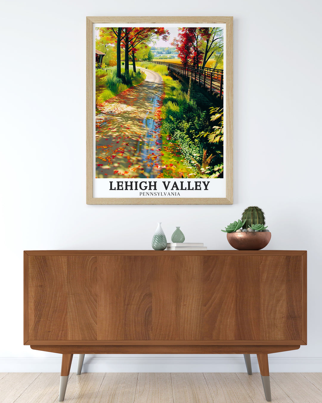 Captivating travel poster of Lehigh Valley, Pennsylvania, showcasing its rolling hills, scenic landscapes, and rich cultural history. This art print offers a vivid depiction of the valleys beauty, making it perfect for home decor or as a personalized Pennsylvania gift for nature lovers.