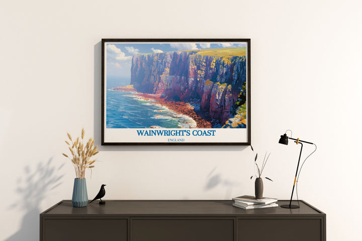 Coast to Coast Print with St. Bees Head highlights the start of Alfred Wainwrights iconic UK trail from St Bees Cumbria to Robin Hoods Bay a must have for hikers and adventurers looking for elegant home decor and National Trail Art