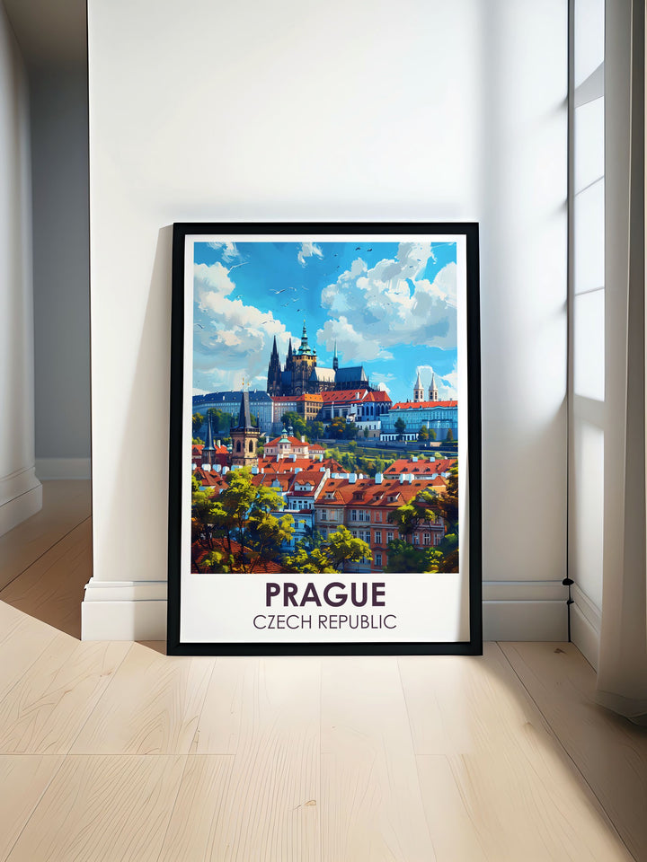 Prague Art Print featuring the historic charm of the Czech Republics capital city. Perfect for Prague Wall Decor, this detailed illustration captures the citys iconic architecture and vibrant spirit, making it an ideal addition to any travel lovers home decor.