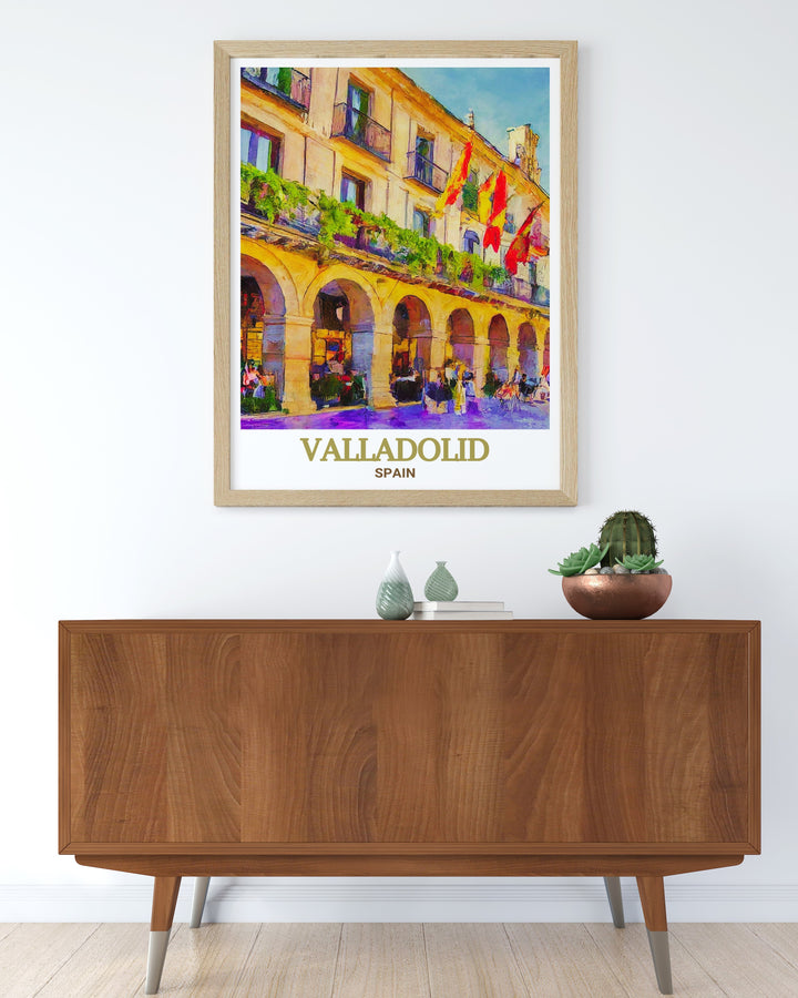 Experience the grandeur of Plaza Mayor in Valladolid through this beautifully crafted wall art. Ideal for those who love history and travel, this Spain travel print offers a glimpse into one of the countrys most beloved landmarks, adding elegance and charm to your home.