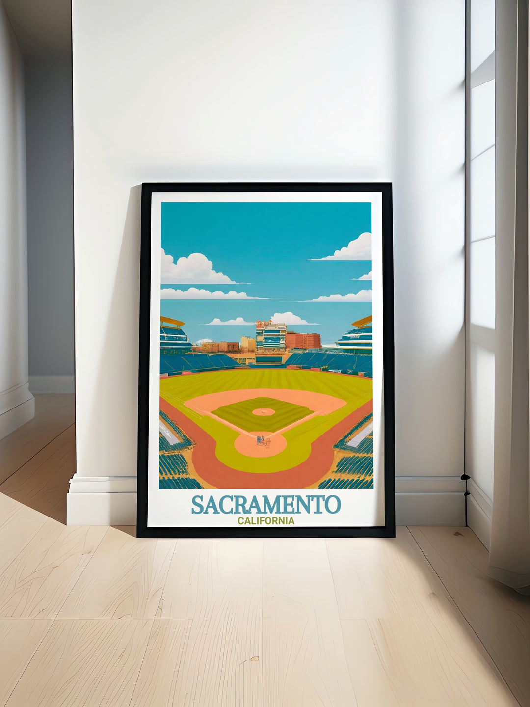 Elegant black and white Sacramento Print featuring a detailed street map of the city with Raley Field making it a perfect addition to any living room bedroom or office wall decor capturing the citys unique charm and sophistication