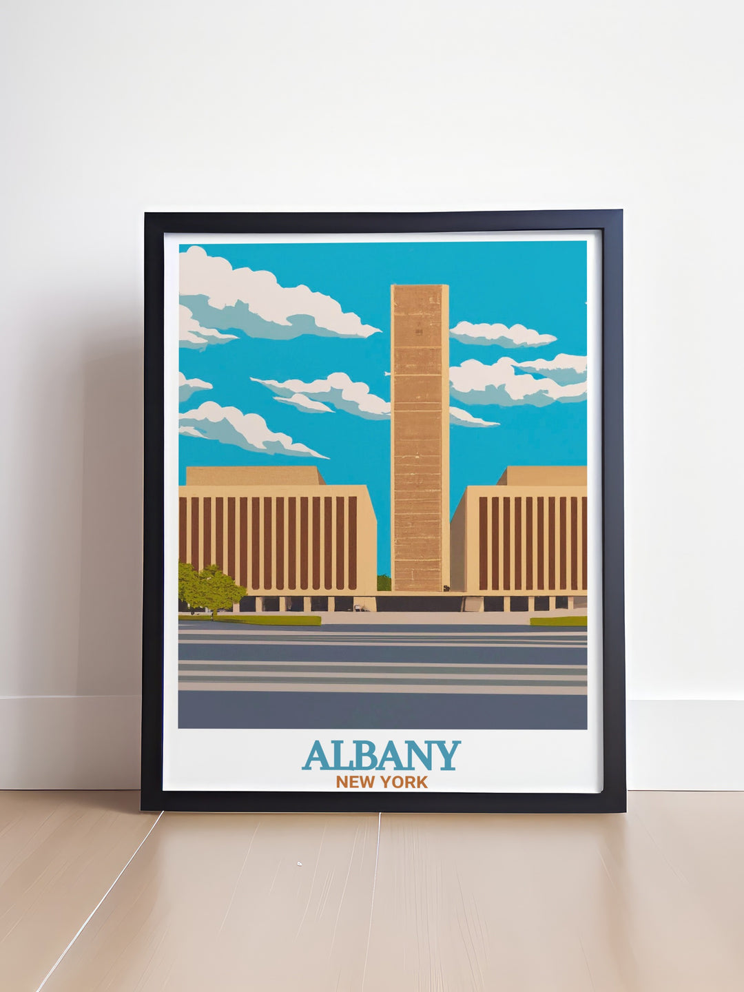 Empire State Plaza travel poster featuring the dynamic spirit and architectural grandeur of Albany ideal for those seeking New York State art and unique Albany gifts to enhance their home or office decor with captivating wall art.