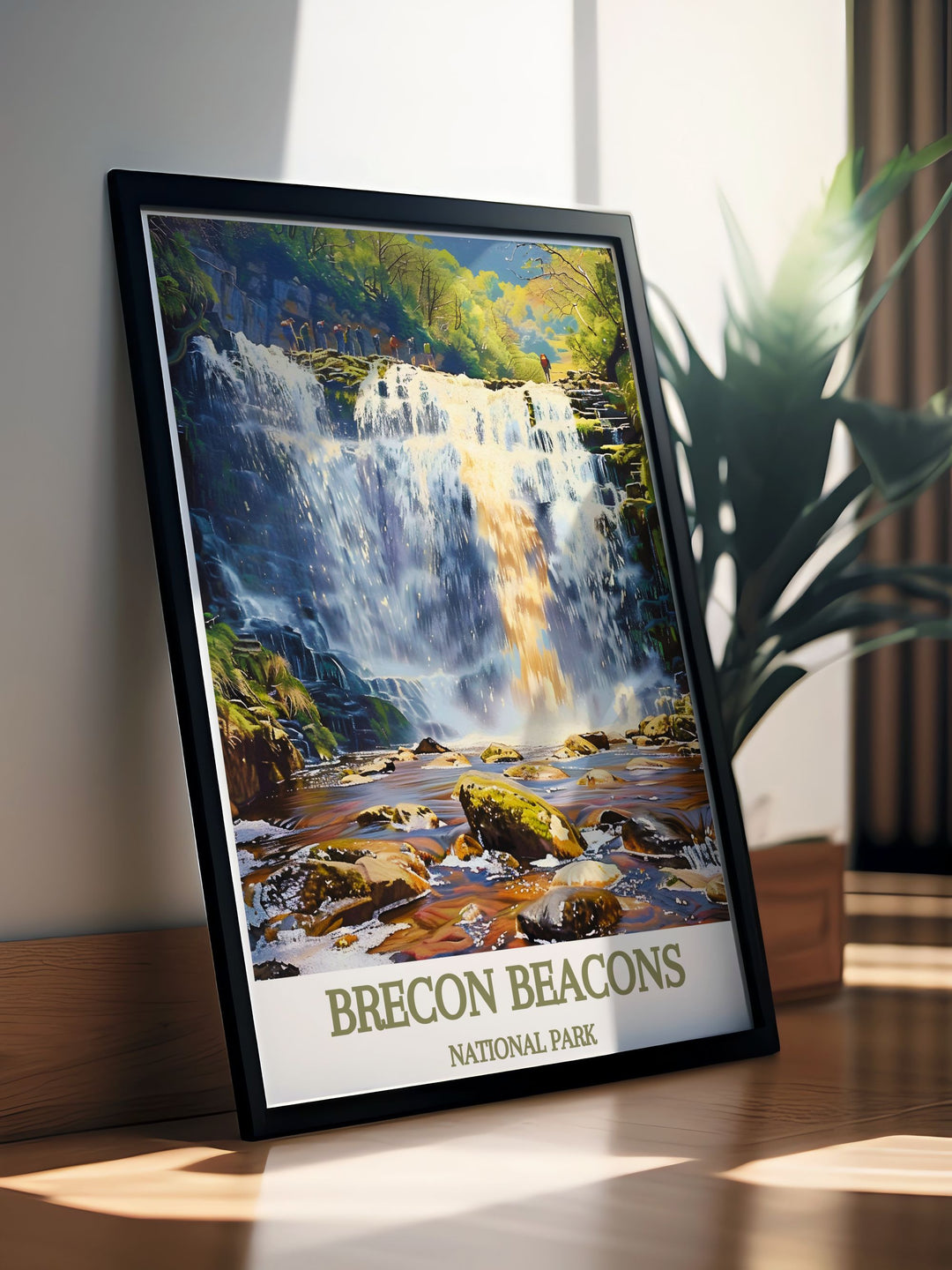 Breathtaking wall art of Sgwd yr Eira waterfall, bringing the majestic beauty of the Brecon Beacons into your living space. The print features the serene waterfall amidst the parks rich greenery, perfect for those who appreciate natures artistry.
