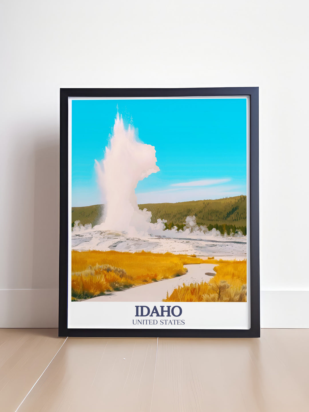 This Idaho wall art showcases the iconic Old Faithful Geyser erupting in Yellowstone National Park. A stunning travel print that brings the beauty and adventure of Idaho to life, perfect for your home decor.