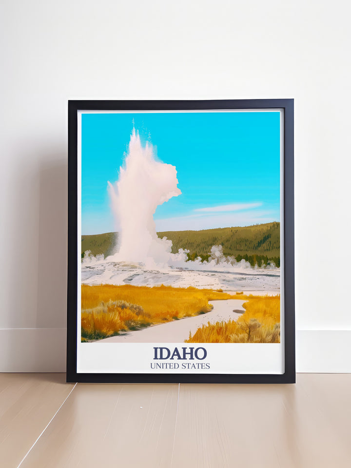 This Idaho wall art showcases the iconic Old Faithful Geyser erupting in Yellowstone National Park. A stunning travel print that brings the beauty and adventure of Idaho to life, perfect for your home decor.