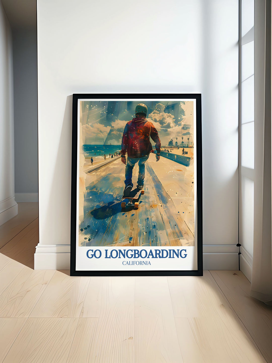 Celebrate the laid back lifestyle of Venice Beach with this Skating Print. Featuring the Venice Beach Boardwalk and Muscle Beach, this print is ideal for anyone who loves the combination of sun, surf, and skating.